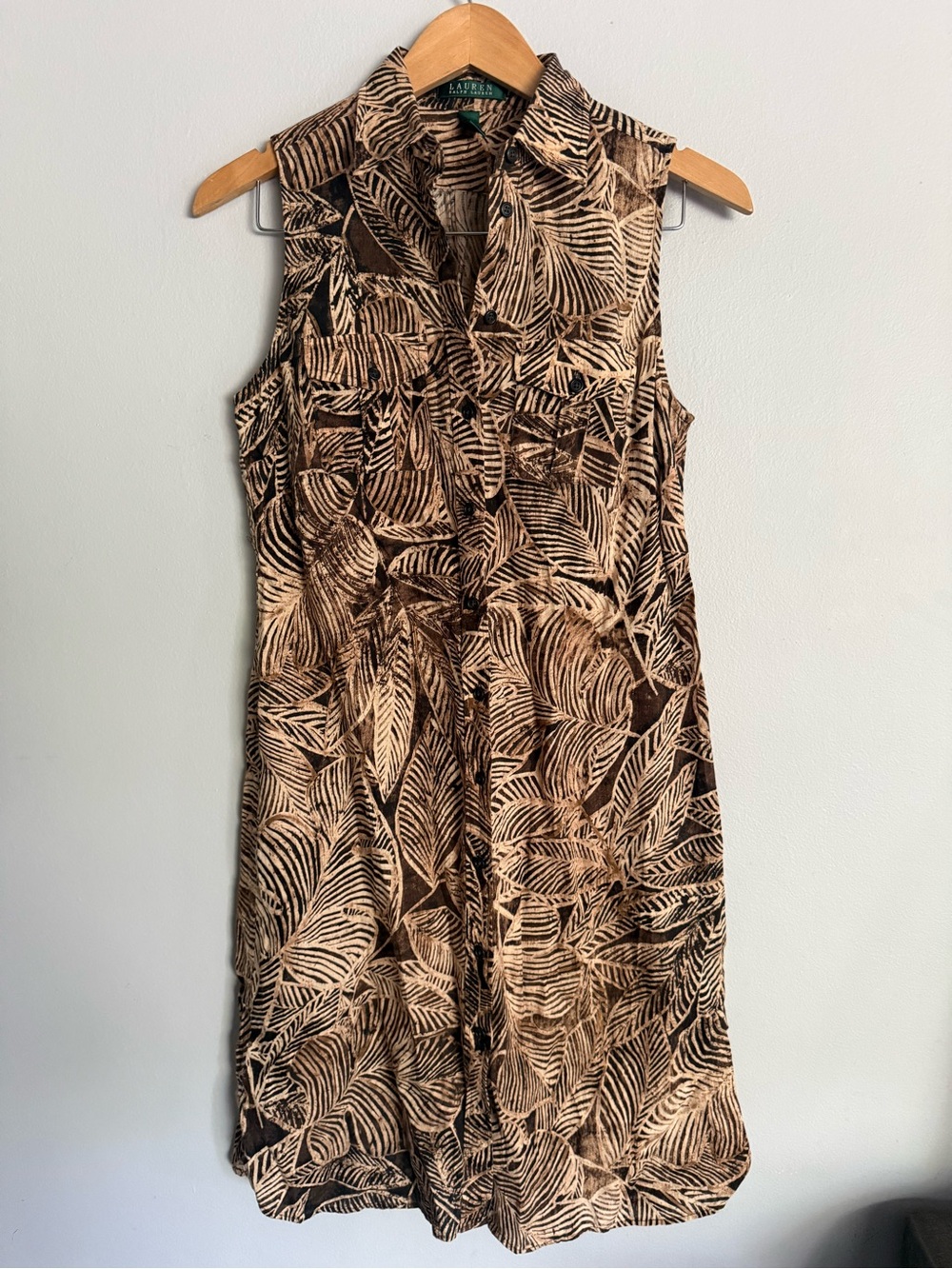 Lauren Ralph Lauren Brown Leaf-Print Sleeveless Shirt Dress Linen size 6